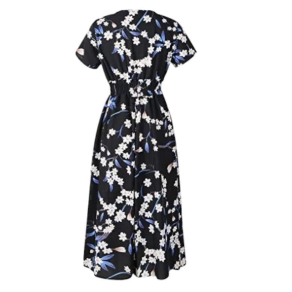 Floral Short Sleeve V-Neck Pull Over Empire Waist Dress Size L